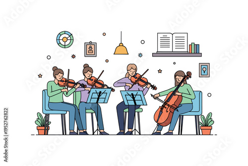 A string quartet rehearsing with violins, viola, and cello in a cozy room, highlighting ensemble coordination, practice, and classical music preparation.