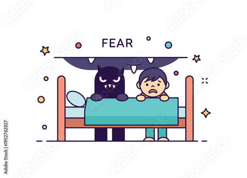 Fear represented by a shadowy monster under the bed with a child peeking nervously, capturing imagination, anxiety, and the universal feeling of childhood