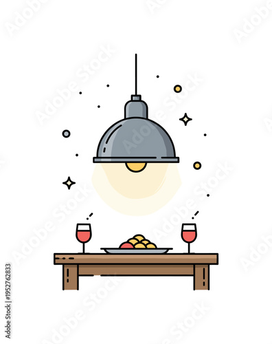 Vintage farmhouse lighting fixture with a metal pendant lamp hanging above a wooden dining table, accompanied by a subtle glow effect that enhances cozy