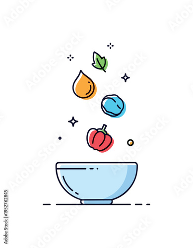 Minimalist recipe concept single bowl with three colorful ingredients dropping in mid air, symbolizing focus, balance and straightforward