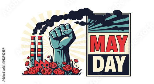 A raised fist stands prominently between two smoking factory chimneys adorned with red flowers and a MAY DAY sign.