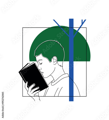 Black and white profile of calm reader with book close to face, oversized deep green semicircle behind head symbolizing cool shade, cobalt blue vertical bar