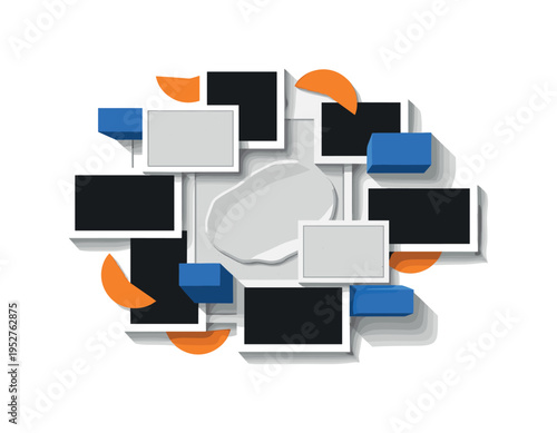 Black and white fragmented wall pieces arranged around central smooth plaster patch, abstract blue blocks and orange semicircles floating like architectural