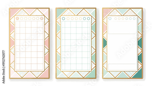 Geometric memo pad vector illustration set with gold lines pastel colors and blank note templates for planning and organization