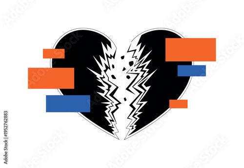 Black and white broken heart split into two halves drifting apart, sharp angular shards transitioning into smooth semicircles as they reconnect in the center,