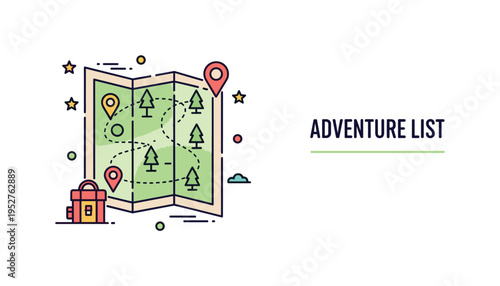 Nature scavenger hunts kids adventure badge showing a simple map with dotted route lines and tiny tree icons, expressing teamwork and outdoor excitement. The