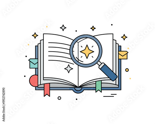 Insight and comprehension open book with a subtle magnifying glass revealing a bright star hidden within the pages, expressing discovery through careful study.