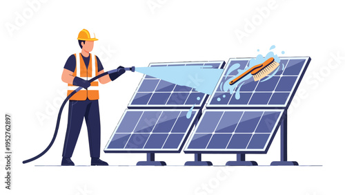 Cleaning Solar Panels: An illustration depicting a worker meticulously cleaning solar panels with a high-pressure washer.