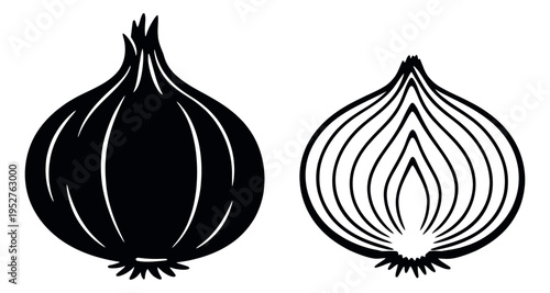 Black line art and silhouette onion set featuring a whole and a sliced onion for food preparation