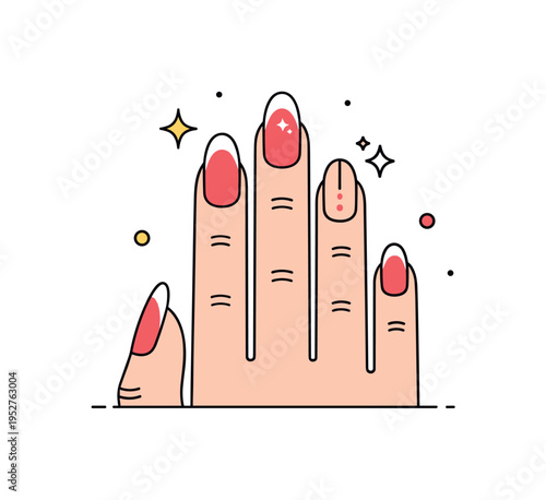 Reverse French manicure trend illustrated by a hand with a highlighted crescent at the nail base and a tiny sparkle accent to emphasize contrast. The concept