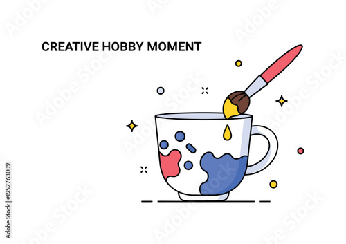 Creative hobby moment ceramic mug with half finished painted pattern and a brush dipped in bright color, expressing process and artistic experimentation. A