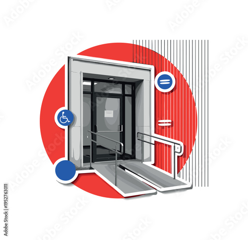Black-and-white office doorway with a clearly visible ramp integrated into the architecture, bold red circle partially cropped behind the entrance, thin