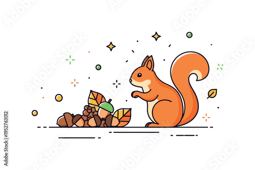 Autumn woodland squirrel scene illustrated through a squirrel beside a small pile of acorns and fallen leaves, symbolizing seasonal preparation and forest