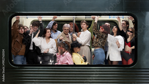 Canvas Print Diverse group of passengers standing crowded inside subway train holding overhead rail in urban environment