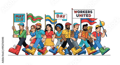 A diverse group of ten people, five men and five women, march together holding May Day and Workers United signs and flags on a plain white background.