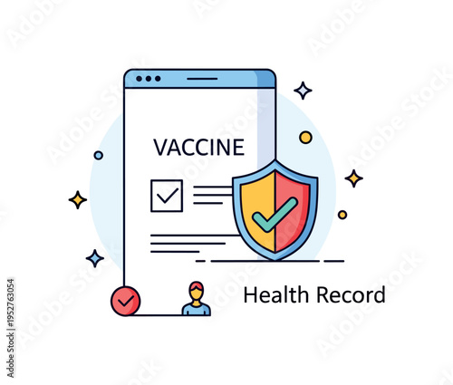 Immunization record tracking concept featuring a digital app screen with a vaccine checkmark and shield icon. A compact ?Health Record? text detail highlights