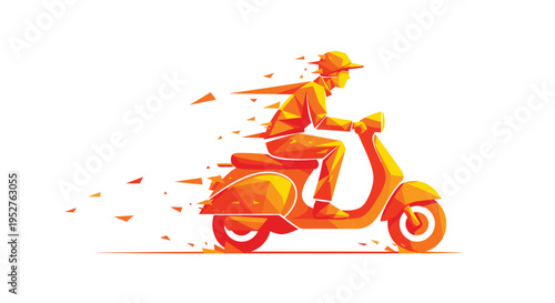 A low-poly illustration of a person riding an orange scooter, depicted in dynamic motion with trailing triangular fragments on a white background.