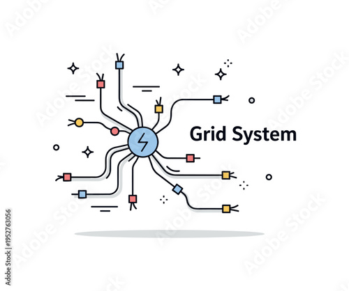 High voltage wires electricity distribution diagram styled as a compact conceptual icon with branching cables radiating from a central node, expressing network