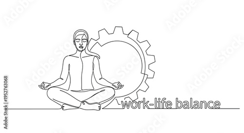 A continuous line art drawing of a woman meditating in a lotus pose with a gear outline and work-life balance text on a white background.