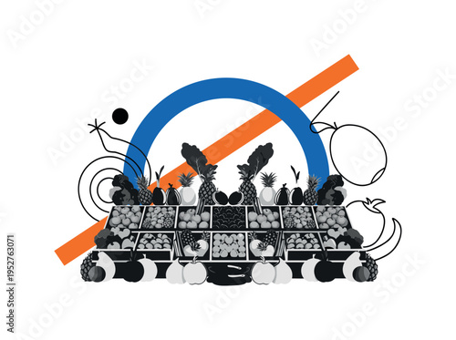 Black and white fruit and vegetable stand arranged symmetrically in simplified forms, bold blue circular frame behind the display, orange diagonal bar slicing