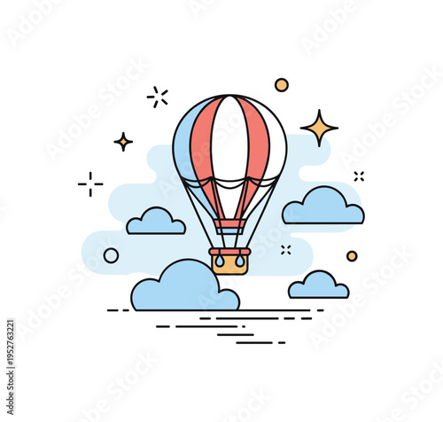 Hot air balloon flight illustrated by a rounded balloon above subtle cloud forms, symbolizing scenic journeys and peaceful sky exploration. The composition