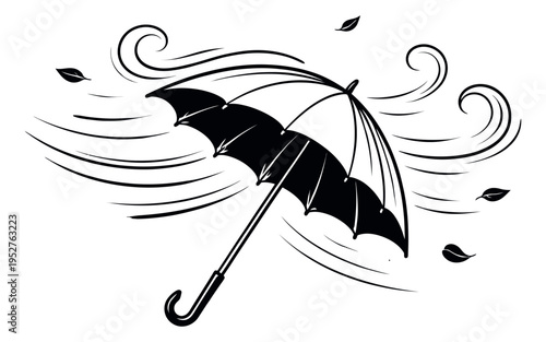 Hand drawn illustration of an umbrella depicting a windy day with flying leaves for weather reports