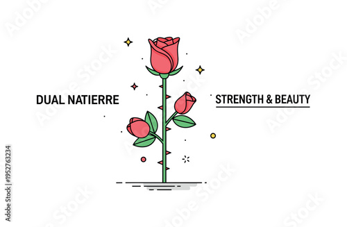 Rose thorn and bloom contrast concept centered on a single stem showing both petals and small thorns. A subtle ?Strength & Beauty? label communicates