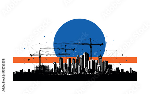 Black and white futuristic city under construction with overlapping crane silhouettes, oversized cobalt blue circle dominating the upper frame,