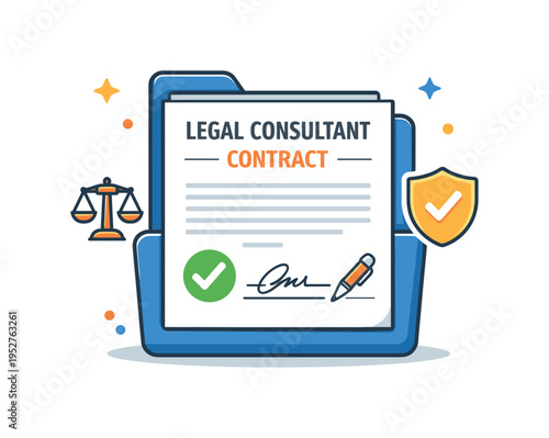 Legal consultant contract file presented as a clear and professional scene where a document folder with a signature line and checkmark conveys trust, accuracy