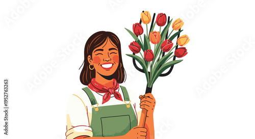 A smiling cartoon woman with dark hair and a red bandana is joyfully holding a large bouquet of red and yellow tulips against a white background.