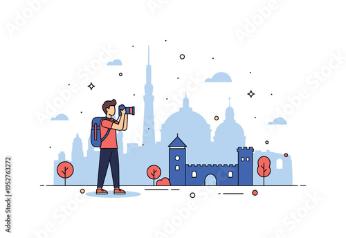 Travel photography moment in historic city illustrated with a figure holding a camera while standing near iconic skyline silhouettes, expressing wonder and