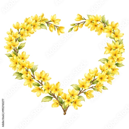 Herzförmiger Kranz aus leuchtend gelben Forsythienblüten (Goldglöckchen) mit frischen Blättern auf hellem Hintergrund – frühlingshaftes florales Motiv für Liebe, Natur, Hochzeit und Dekoration.