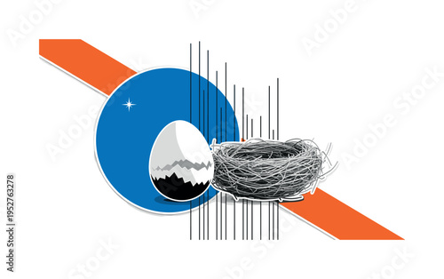 Black and white broken eggshell beside intact nest, bright blue circle anchoring composition, orange diagonal bar cutting across for dynamic tension, thin