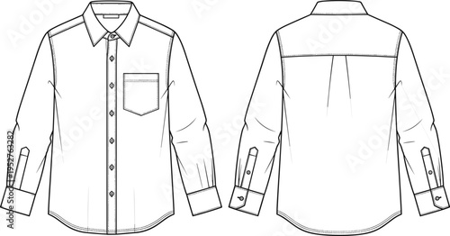 Front and back view of classic button shirt vector illustration, formal apparel template with collar, pocket, long sleeves design
