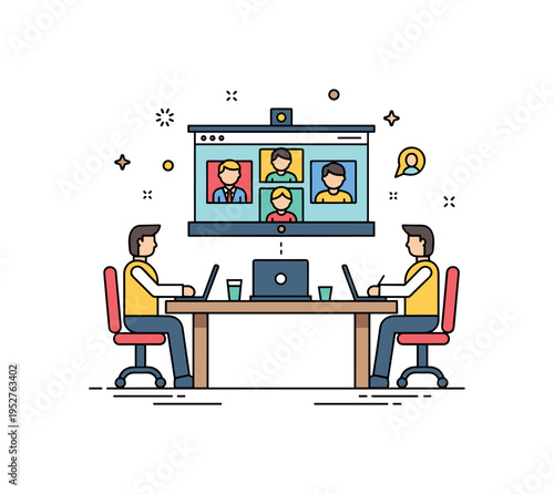 Hybrid meeting setup depicted by a conference table with a screen displaying remote participants, representing integration of in person and online attendees.