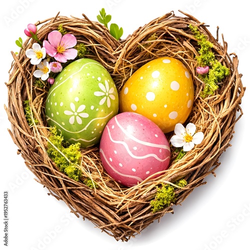 Herzförmiges Vogelnest aus Zweigen mit bunten Ostereiern, Moos und Frühlingsblüten auf hellem Hintergrund – liebevolles Oster- und Frühlingsmotiv für Dekoration und Grußkarten.