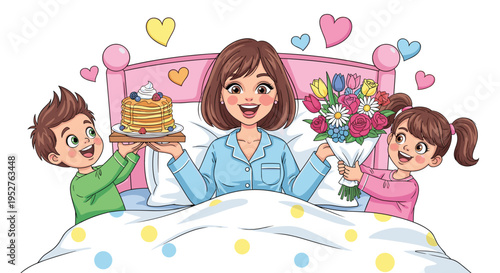 A smiling mother in a pink bed is receiving pancakes from a boy and a colorful flower bouquet from a girl, with hearts floating around them.