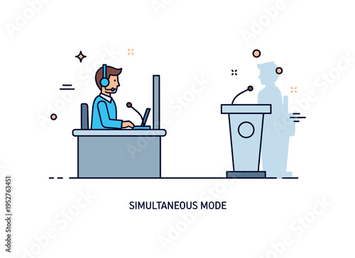 Conference interpreting scene showing a professional seated in a small booth with a microphone and headset, facing a minimal podium silhouette. A short