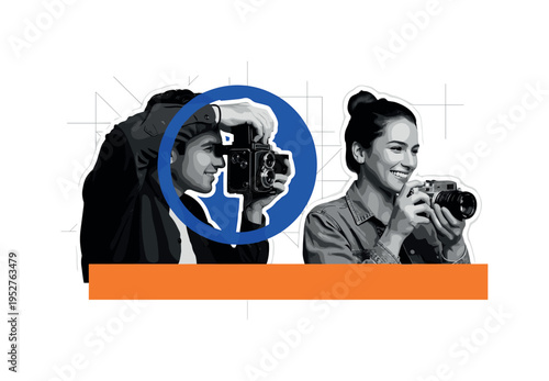 Black and white friends practicing photography together holding vintage camera, bold blue circular accent around the lens, orange rectangular bar grounding the