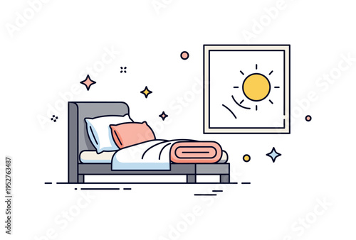 Pajama day at home lazy morning routine illustrated by a bed with soft pillows and a folded blanket, accompanied by a small sun peeking through a window