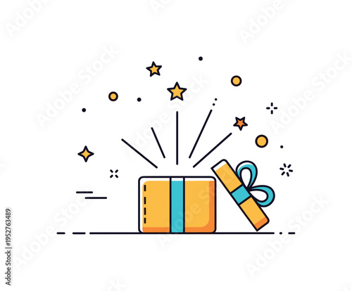Surprise gift reveal concept centered on an open present box with light rays emerging upward, expressing excitement and anticipation. The visual conveys