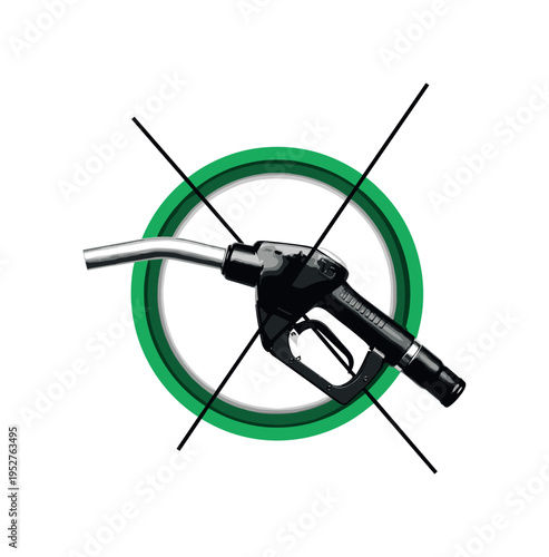 Black and white fuel nozzle angled dynamically, framed by bold green circular ring and intersecting thin black lines symbolizing consumption flow, layered
