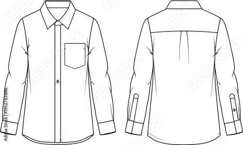 Front and back view of formal button shirt vector illustration, clean apparel template with collar, pocket, long sleeves design
