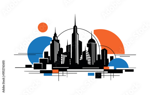 black and white futuristic city skyline silhouette with tall retro-modern skyscrapers, floating geometric circles and semicircles intersecting buildings,