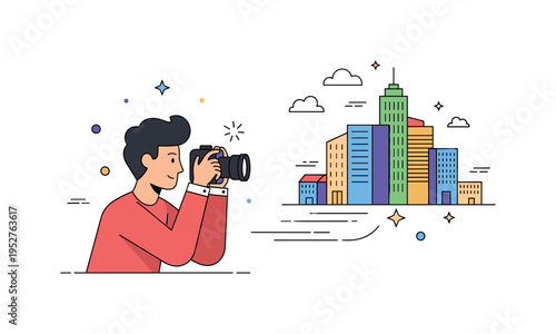 Street photography moment featuring a person aiming a small camera toward a simplified city skyline with gentle motion lines, symbolizing candid