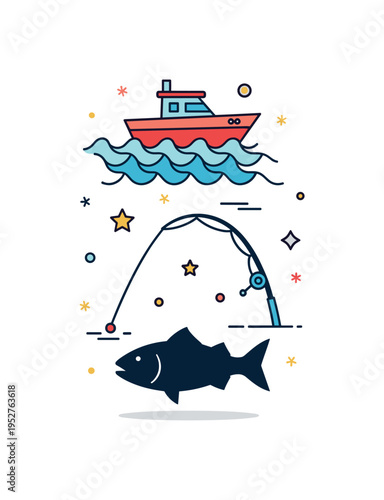 Deep sea fishing small boat floating above stylized ocean waves with a fishing rod bending toward a large fish silhouette below, expressing adventure, patience