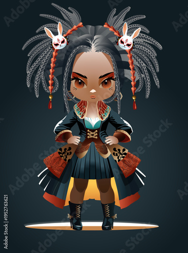 Cute pirate girl in the ditailed dress with decorations