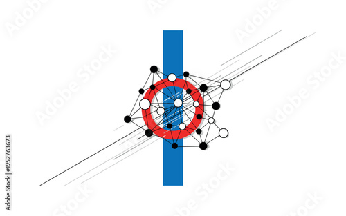 Black and white network nodes connected by thin lines forming abstract data web, bold blue vertical stripe dividing composition, red circular accent