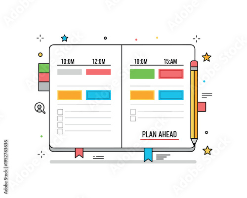 Personal planner workflow concept showing a tidy notebook page divided into precise time segments with highlighted task blocks. A minimal pencil detail and