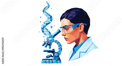 A polygonal female scientist wearing a lab coat and blue safety glasses is intently observing through a blue microscope, with a sparkling blue DNA helix rising behind her.